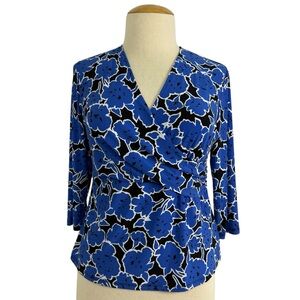 Kasper PXL Blue Floral Faux Wrap Jersey Knit 3/4 Sleeve Top